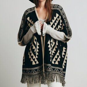 Free People Boho Aztec Print Fringed Poncho Wrap Sweater Black Tan